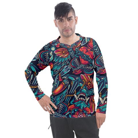 Vintage Tattoos Colorful Seamless Pattern Men s Pique Long Sleeve Tee by Amaryn4rt
