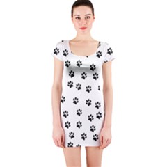 Dog Paws Pattern, Black And White Vector Illustration, Animal Love Theme Short Sleeve Bodycon Dress by Casemiro
