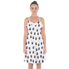 Dog Paws Pattern, Black And White Vector Illustration, Animal Love Theme Ruffle Detail Chiffon Dress by Casemiro