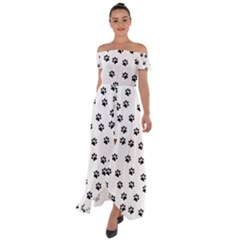 Dog Paws Pattern, Black And White Vector Illustration, Animal Love Theme Off Shoulder Open Front Chiffon Dress by Casemiro