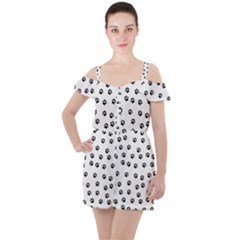 Dog Paws Pattern, Black And White Vector Illustration, Animal Love Theme Ruffle Cut Out Chiffon Playsuit by Casemiro