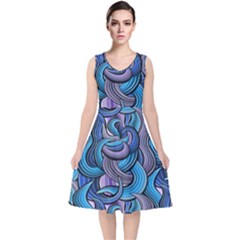 Blue Swirl Pattern V-neck Midi Sleeveless Dress  by designsbymallika