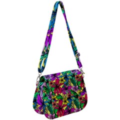 Hibiscus Flowers Pattern, Floral Theme, Rainbow Colors, Colorful Palette Saddle Handbag by Casemiro