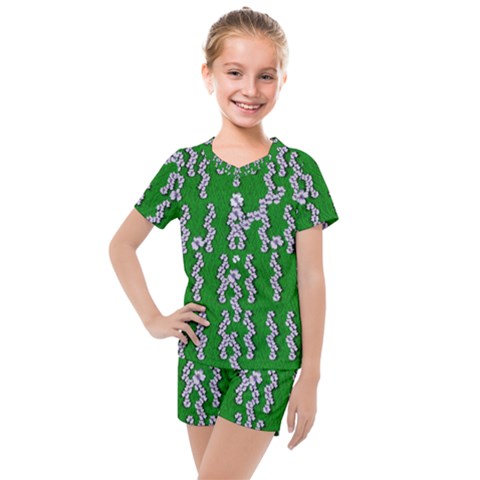 Cherry-blossoms Branch Decorative On A Field Of Fern Kids  Mesh Tee And Shorts Set by pepitasart
