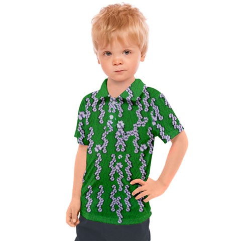 Cherry-blossoms Branch Decorative On A Field Of Fern Kids  Polo Tee by pepitasart