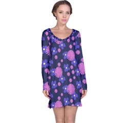 Pink And Blue Flowers Long Sleeve Nightdress by bloomingvinedesign