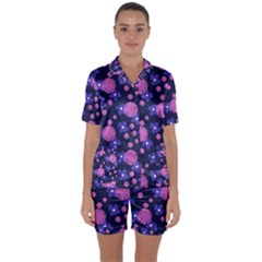 Pink And Blue Flowers Satin Short Sleeve Pyjamas Set by bloomingvinedesign