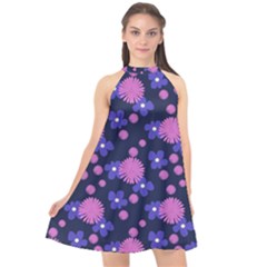 Pink And Blue Flowers Halter Neckline Chiffon Dress  by bloomingvinedesign