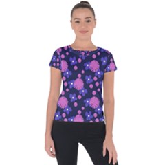 Pink And Blue Flowers Short Sleeve Sports Top  by bloomingvinedesign