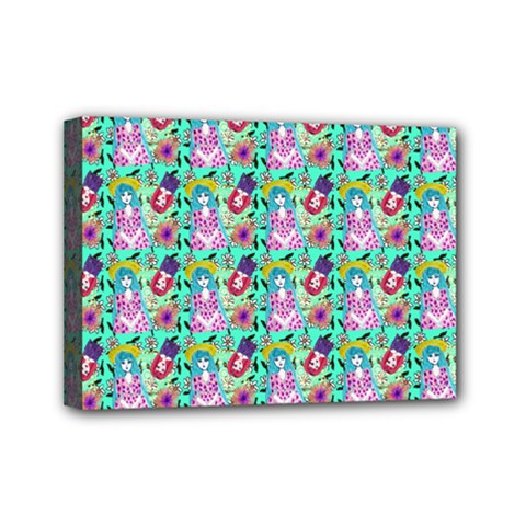 Blue Haired Girl Pattern Green Mini Canvas 7  X 5  (stretched) by snowwhitegirl