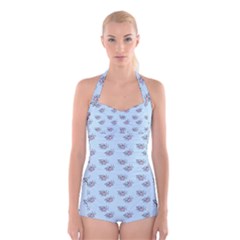 Zodiac Bat Pink Blue Boyleg Halter Swimsuit  by snowwhitegirl