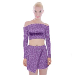 Purple Big Cat Pattern Off Shoulder Top With Mini Skirt Set by Angelandspot