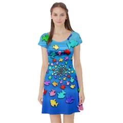 Fractal Art School Of Fishes Short Sleeve Skater Dress by WolfepawFractals