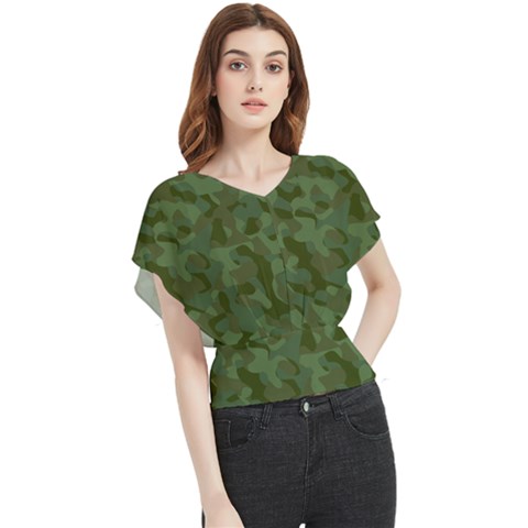 Green Army Camouflage Pattern Butterfly Chiffon Blouse by SpinnyChairDesigns