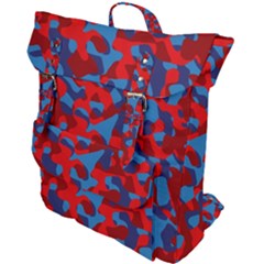 Red And Blue Camouflage Pattern Buckle Up Backpack by SpinnyChairDesigns
