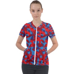Red And Blue Camouflage Pattern Short Sleeve Zip Up Jacket by SpinnyChairDesigns