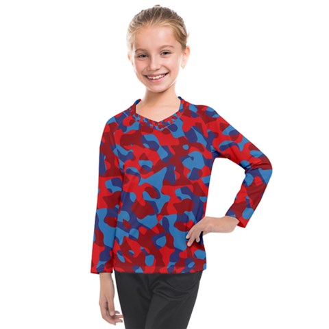 Red And Blue Camouflage Pattern Kids  Long Mesh Tee by SpinnyChairDesigns