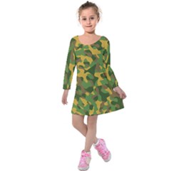 Yellow Green Brown Camouflage Kids  Long Sleeve Velvet Dress by SpinnyChairDesigns