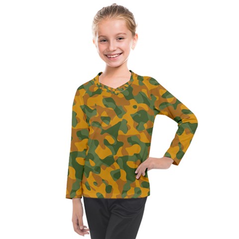 Green And Orange Camouflage Pattern Kids  Long Mesh Tee by SpinnyChairDesigns