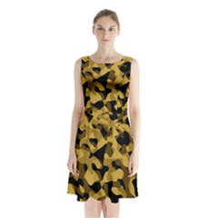 Black Yellow Brown Camouflage Pattern Sleeveless Waist Tie Chiffon Dress by SpinnyChairDesigns