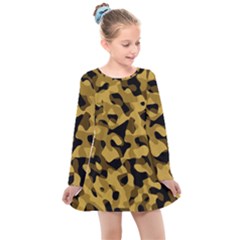 Black Yellow Brown Camouflage Pattern Kids  Long Sleeve Dress by SpinnyChairDesigns