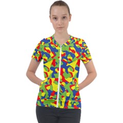 Colorful Rainbow Camouflage Pattern Short Sleeve Zip Up Jacket by SpinnyChairDesigns
