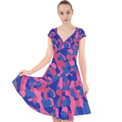 Blue And Pink Camouflage Pattern Cap Sleeve Front Wrap Midi Dress by SpinnyChairDesigns