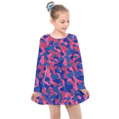 Blue And Pink Camouflage Pattern Kids  Long Sleeve Dress by SpinnyChairDesigns