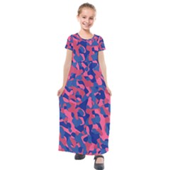 Blue And Pink Camouflage Pattern Kids  Short Sleeve Maxi Dress by SpinnyChairDesigns