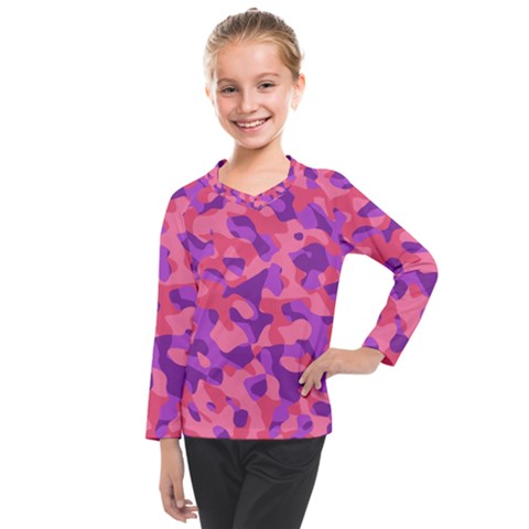 Pink And Purple Camouflage Kids  Long Mesh Tee by SpinnyChairDesigns