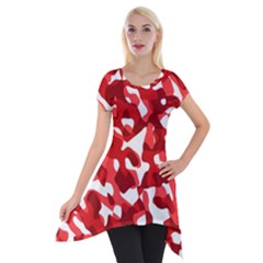 Red And White Camouflage Pattern Short Sleeve Side Drop Tunic by SpinnyChairDesigns