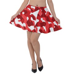 Red And White Camouflage Pattern Velvet Skater Skirt by SpinnyChairDesigns