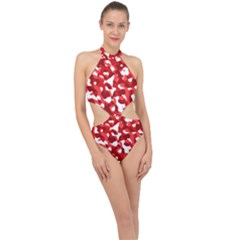 Red And White Camouflage Pattern Halter Side Cut Swimsuit by SpinnyChairDesigns