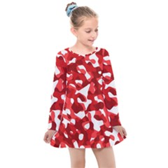 Red And White Camouflage Pattern Kids  Long Sleeve Dress by SpinnyChairDesigns