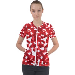 Red And White Camouflage Pattern Short Sleeve Zip Up Jacket by SpinnyChairDesigns