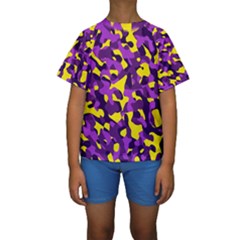 Purple And Yellow Camouflage Pattern Kids  Short Sleeve Swimwear by SpinnyChairDesigns