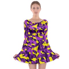 Purple And Yellow Camouflage Pattern Long Sleeve Skater Dress by SpinnyChairDesigns