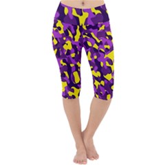 Purple And Yellow Camouflage Pattern Lightweight Velour Cropped Yoga Leggings by SpinnyChairDesigns