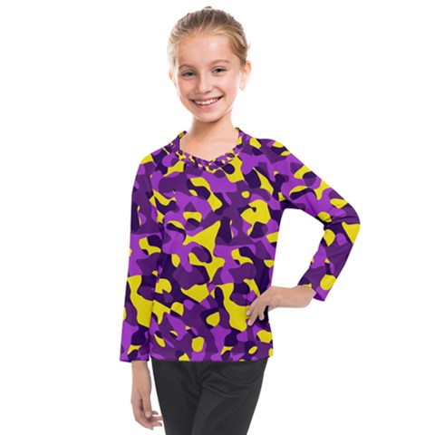Purple And Yellow Camouflage Pattern Kids  Long Mesh Tee by SpinnyChairDesigns
