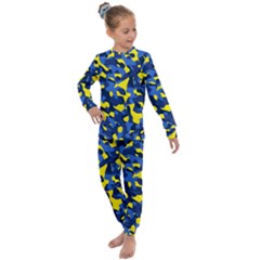 Blue And Yellow Camouflage Pattern Kids  Long Sleeve Set  by SpinnyChairDesigns
