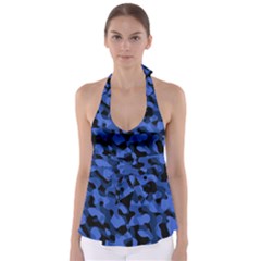 Black And Blue Camouflage Pattern Babydoll Tankini Top by SpinnyChairDesigns