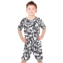 Grey And White Camouflage Pattern Kids  Tee And Shorts Set by SpinnyChairDesigns