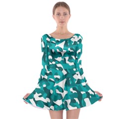 Teal And White Camouflage Pattern Long Sleeve Skater Dress by SpinnyChairDesigns