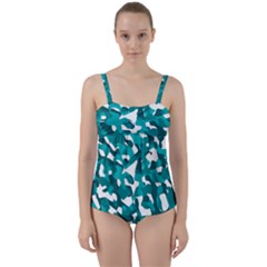 Teal And White Camouflage Pattern Twist Front Tankini Set by SpinnyChairDesigns