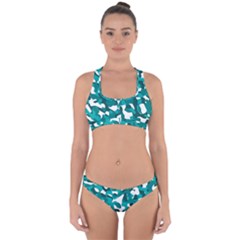 Teal And White Camouflage Pattern Cross Back Hipster Bikini Set by SpinnyChairDesigns