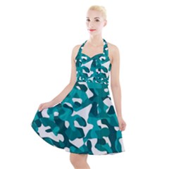 Teal And White Camouflage Pattern Halter Party Swing Dress  by SpinnyChairDesigns