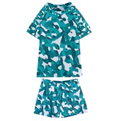Teal And White Camouflage Pattern Kids  Swim Tee And Shorts Set by SpinnyChairDesigns