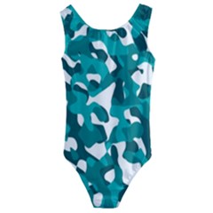 Teal And White Camouflage Pattern Kids  Cut-out Back One Piece Swimsuit by SpinnyChairDesigns