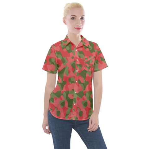 Pink And Green Camouflage Pattern Women s Short Sleeve Pocket Shirt by SpinnyChairDesigns