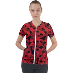 Red And Black Camouflage Pattern Short Sleeve Zip Up Jacket by SpinnyChairDesigns